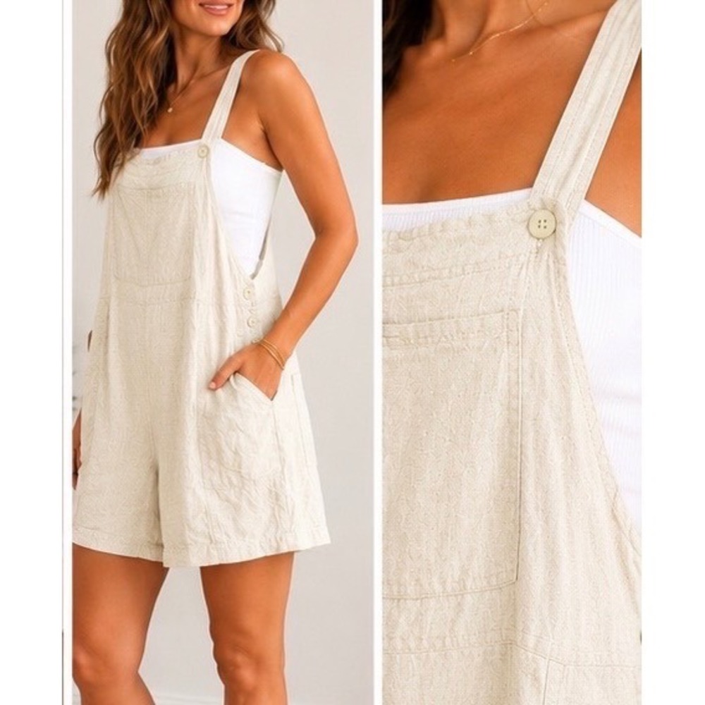 J. Jill Women Medium Cream 100% Linen Overall Shorts Sandy Beige Shortalls Boho - Picture 3 of 11